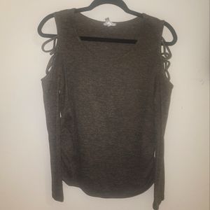 Large Ember Womens Dark Green Open Shoulder Sweater with Rouching on sides